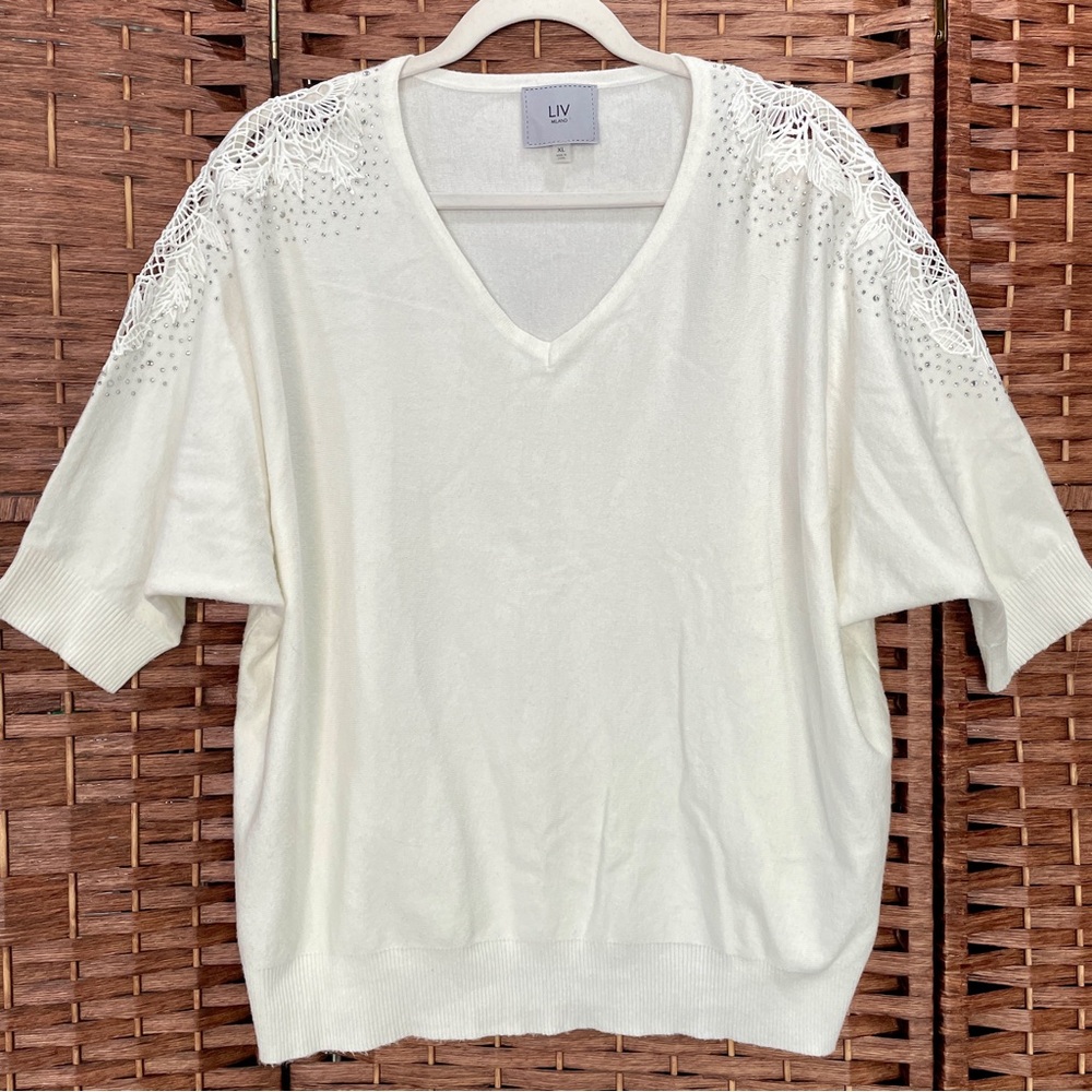 LIV Women's Cream V-Neck Short Sleeve Sweater with Lace Shoulders, Size XL.